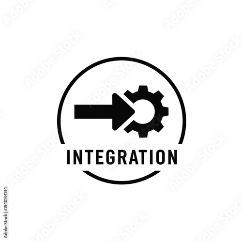 A simple black and white icon depicts an arrow merging into a gear symbolizing system integration and process automation high quality professional detailed modern