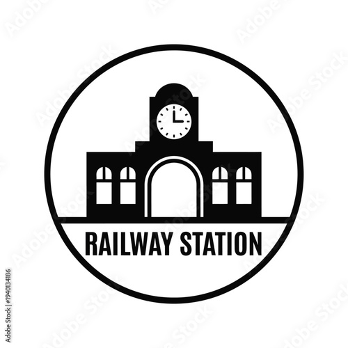 A black and white circular graphic depicts a stylized railway station building with a clock tower and the text railway station high quality professional