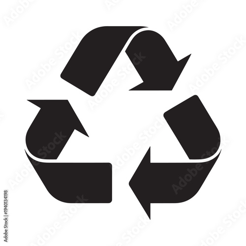A black recycling symbol composed of three chasing arrows on white background