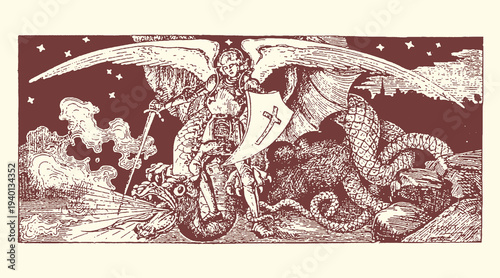 Archangel Michael, a divine warrior, depicted in this detailed vector illustration, valiantly defeats the menacing dragon, symbolizing the triumph of good over evil.