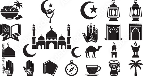 Set of 20 Ramadan icons vector, black and white