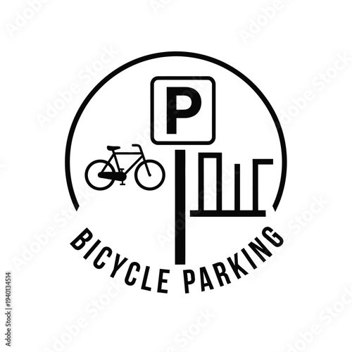 A circular black and white sign depicts bicycle parking featuring a bicycle icon and a prominent p symbol high quality professional detailed modern elegant stylish clean