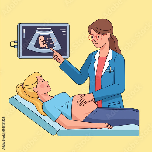 Doctor showing ultrasound image to pregnant woman.