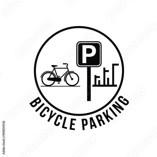 A black and white circular sign depicts bicycle parking availability featuring a bike and parking symbol inside high quality professional detailed modern elegant stylish clean crisp
