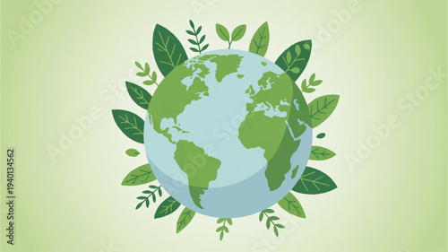 Earth surrounded by green leaves on light green background symbolizing eco friendly environment and sustainability