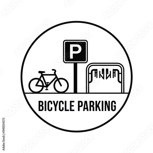 A circular black and white sign depicts bicycle parking featuring a bike a parking symbol and a bike rack high quality professional detailed modern elegant stylish