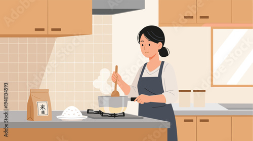 Culinary Craft: A woman diligently stirs a pot on a stove, embodying the heart of a home kitchen, creating the warmth of home cooking with culinary precision.
