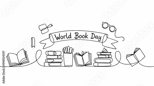 World book day celebration with books glasses and reading accessories in a line on white background