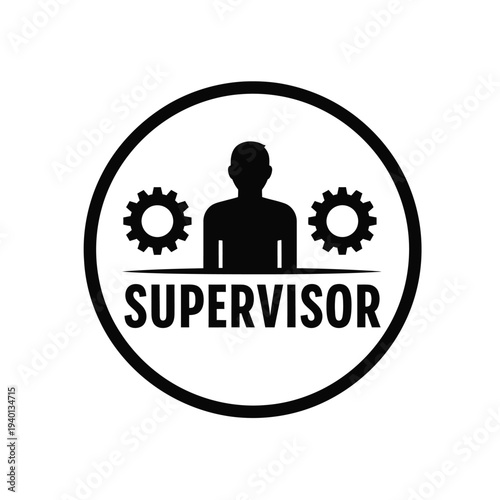 A black and white circular icon depicts a supervisor silhouette with gears representing management and technical expertise high quality professional detailed modern elegant stylish clean crisp