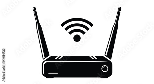 Black and white illustration of a wireless router with signal waves