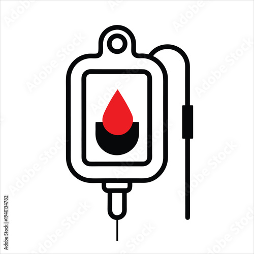 Medical IV Blood Bag with Tube Icon Blood Transfusion Drip Healthcare Treatment Line Vector Illustration