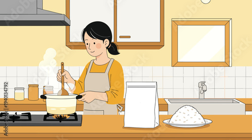 Culinary Serenity: A woman, immersed in the simple joy of cooking, stirring a pot with focus in a modern kitchen, capturing the essence of home and wholesome living.