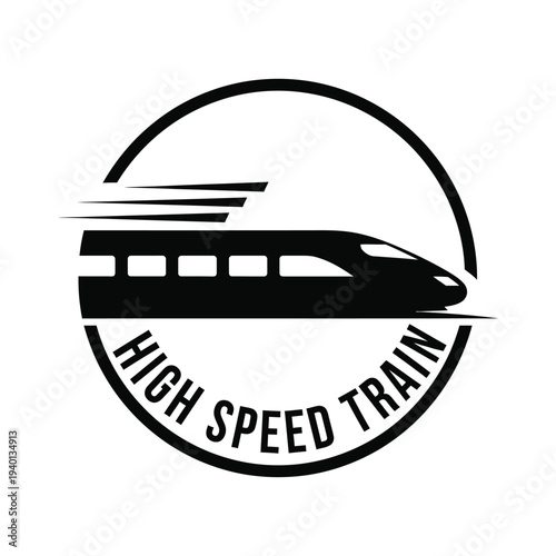 A stylized black and white circular logo depicts a high speed train moving swiftly accompanied by bold text labeling high quality professional detailed modern elegant stylish clean