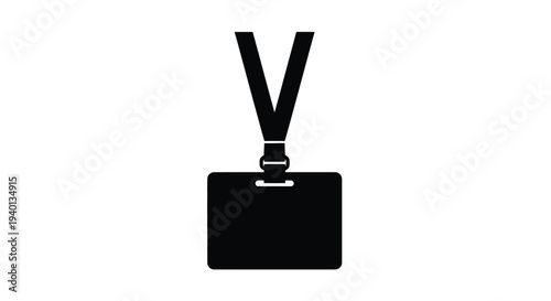 Simple black silhouette of an identification badge with lanyard shown