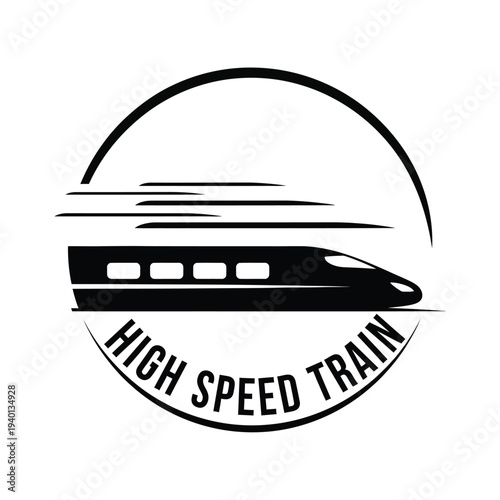 A sleek black high speed train silhouette travels across a wavy line enclosed within a circular emblem design high quality professional detailed modern elegant stylish