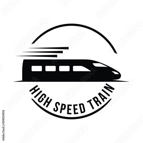 A sleek black silhouette of a high speed train is depicted within a circular frame alongside bold text labeling it high quality professional detailed modern