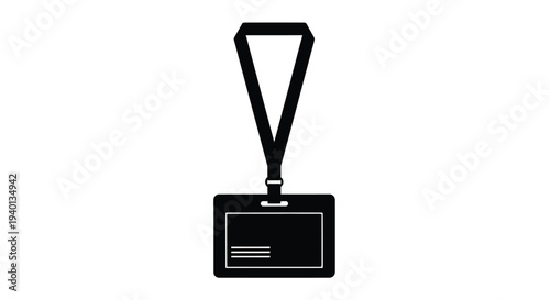 Simple black silhouette of an identification badge with a lanyard