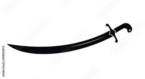 A curved black silhouette of a traditional scimitar sword on white