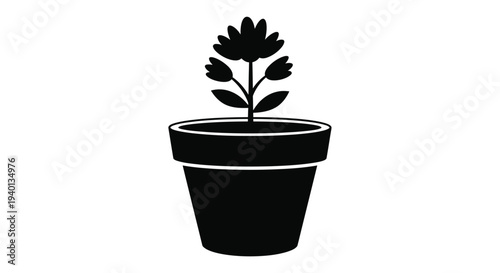 Simple black silhouette of a flowering plant in a potted container