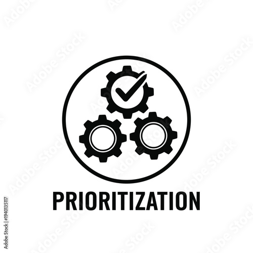 A black and white circular icon displays three interlocking gears with a checkmark representing system prioritization high quality professional detailed modern elegant stylish clean crisp vibrant