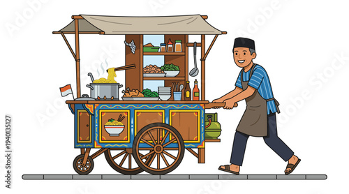 Culinary Journey: A cheerful food vendor propels his mobile cart along the roadside, the aroma of delicious food tantalizing the senses, inviting passersby to indulge in a culinary exploration.
