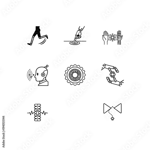 Physical AI and humanoid robotics linear icon set, bipedal robot motion, tactile sensors and robotic labor automation vector symbols