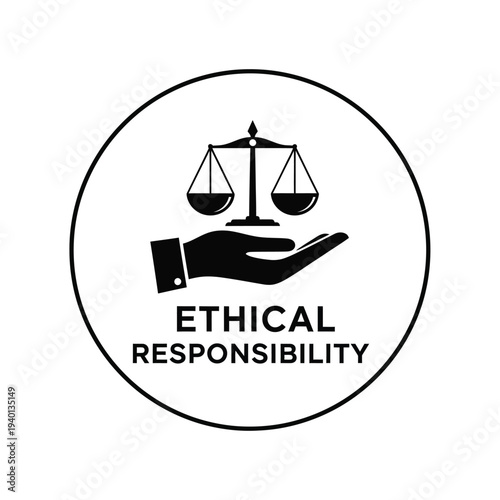 A black and white illustration depicts a hand holding scales of justice with the text ethical responsibility below high quality professional detailed modern elegant stylish clean