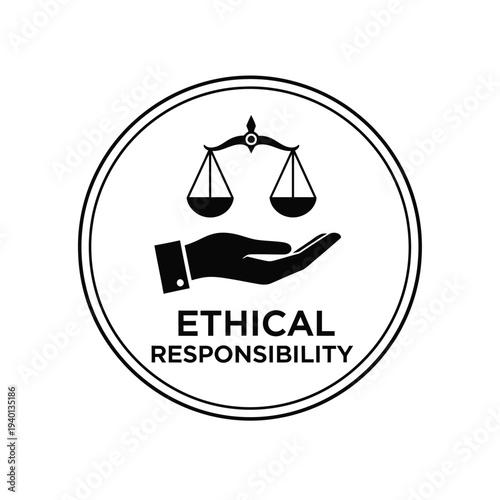 A black and white circular graphic features scales of justice held in an open hand symbolizing ethical responsibility and legal fairness high quality professional detailed modern