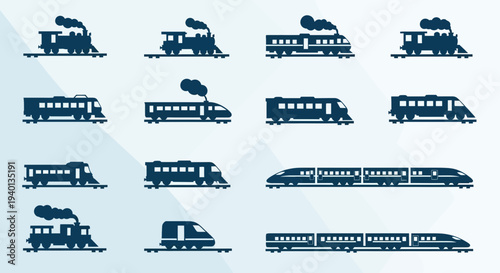 Collection of diverse train silhouettes: old steam engines to modern high-speed trains