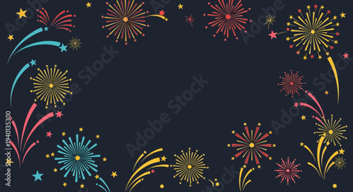 Colorful Fireworks Bursting on Dark Blue Background, Celebration and New Year Concept