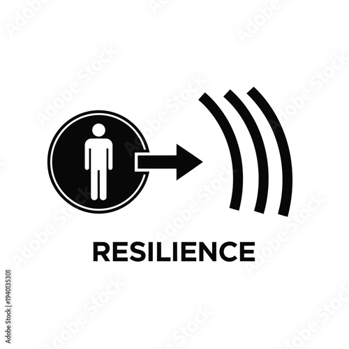 This graphic depicts a stick figure within a circle emitting radio waves accompanied by the word resilience below high quality professional detailed modern elegant