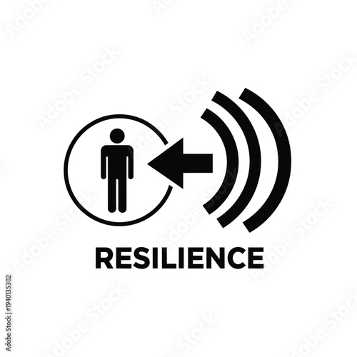 This graphic depicts a stick figure within a circle facing an arrow and sound waves with the word resilience below high quality professional detailed