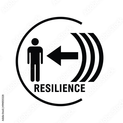 A black and white graphic depicts a figure with radiating lines and an arrow symbolizing resilience and outward projection high quality professional detailed modern