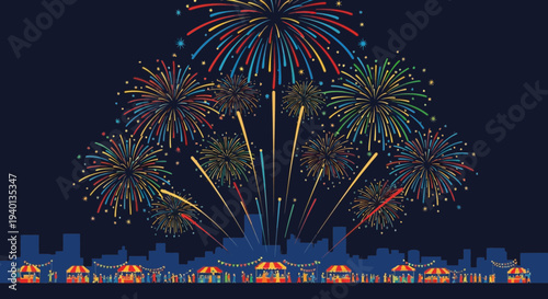 Colorful Fireworks Display Over City Skyline and Festival Stalls at Night