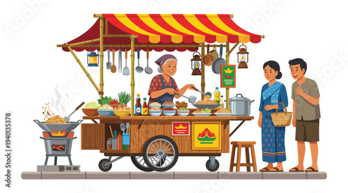 Street Food Stall Scene: A vibrant depiction of a bustling street food stall. A vendor is preparing food with customers waiting patiently. capturing the cultural richness of the scene