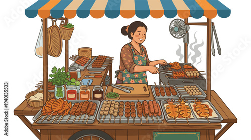 Culinary Craft: A cheerful vendor, expertly grilling an array of tempting meats at a vibrant food cart, inviting culinary exploration and appetite.