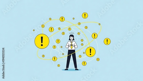 Businessman surrounded by warning signs.