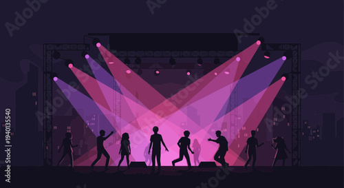 Concert Stage with Silhouettes of Dancers Under Pink and Purple Lights