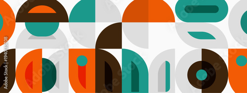 Geometric shapes overlap, creating retro pattern. Brown, teal, orange hues dominate design. Minimalist aesthetic, modern feel.