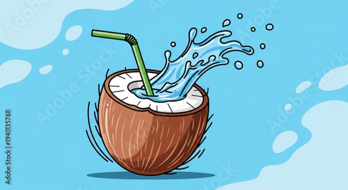Cute Flat-Line Art of an Iced Coconut Beverage Icon with a splash 