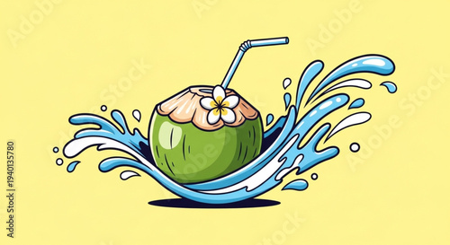 Summer Themed Graphic of a Fresh Coconut Drink in an Opened Shell and a splash 