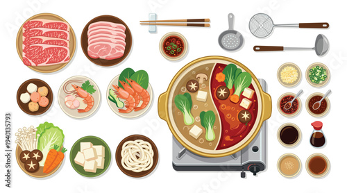 Asian Hot Pot Culinary Scene: A vibrant composition showcasing the essential elements of an Asian hot pot experience, ready to bring warmth and flavor to any gathering. 
