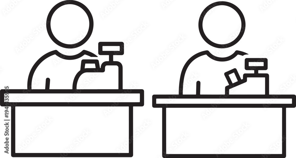 Fototapeta premium Two icons of cashiers at a counter with cash registers, representing retail, sales, or customer service