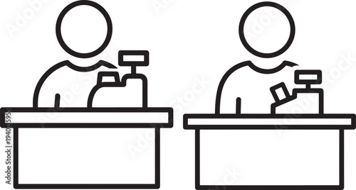 Two icons of cashiers at a counter with cash registers, representing retail, sales, or customer service