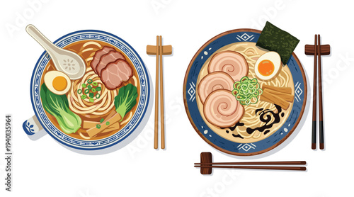 Savory Bowls of Ramen: Delight in the artistry of two vibrant bowls of ramen, each meticulously crafted with noodles, flavorful broth, succulent toppings, and delicate chopsticks.