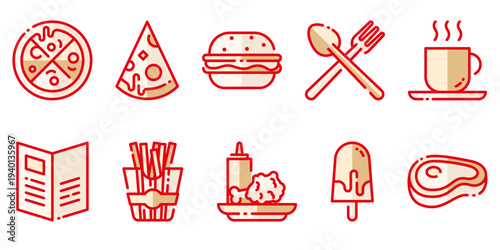 Set of 10 Food and Drink Icons Vector Collection: Pizza, Burger, Fries, Coffee, Steak, and Ice Cream for Restaurant Menus and Apps
