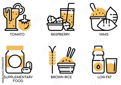 Set of 6 Outline Vector Food and Drink Icons with Yellow Accents: Tomato, Raspberry, Yams, Supplementary Food, Brown Rice, and Low Fat for Healthy Lifestyle Concepts