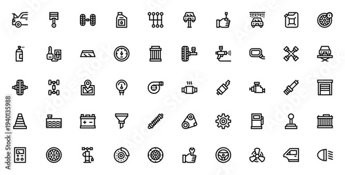 Car Garage icon set. Vector toolkit for auto repair and maintenance. Includes symbols for tools, engine parts, diagnostics, service and more. Editable stroke.