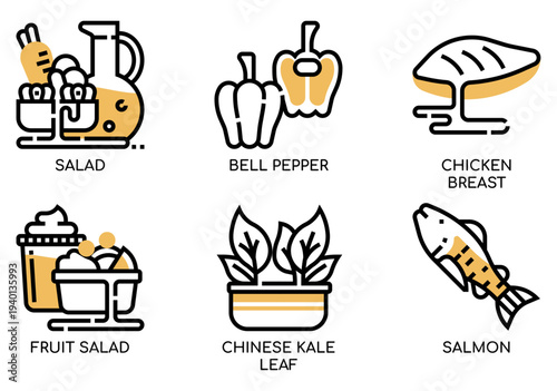 Set of 6 Healthy Food Ingredients Vector Icons with Salad, Bell Pepper, Chicken Breast, Fruit Salad, Chinese Kale Leaf, and Salmon for Diet and Nutrition Concepts