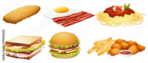 Set of 6 popular fast food and breakfast items vector illustrations including hash brown, fried egg with bacon, spaghetti, sandwich, hamburger, and chicken nuggets with fries and sauce.